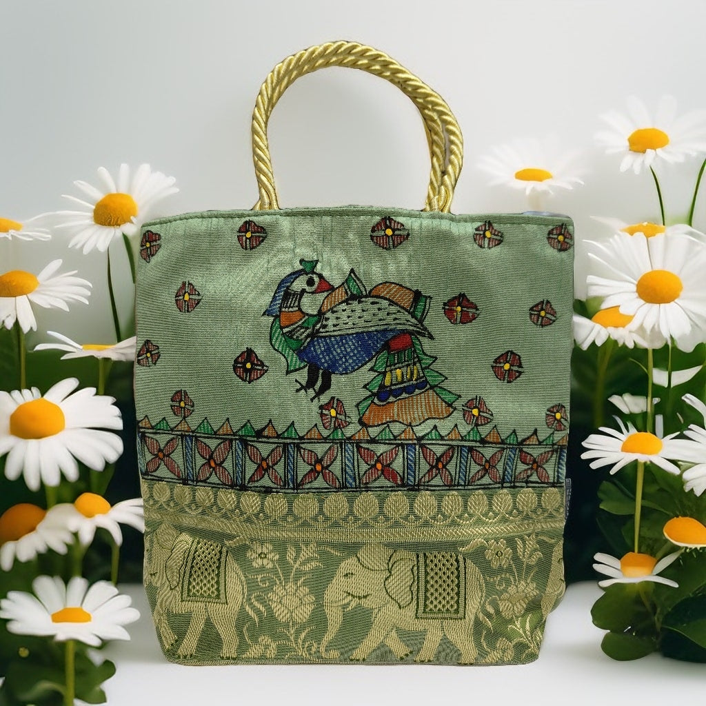 Handpainted Madhubani Bag – Green with Brocade Border, Peacock Motif